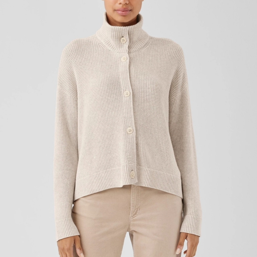 Eileen Fisher Peruvian Organic Cotton High Collar Cardigan - Picture 1 of 8